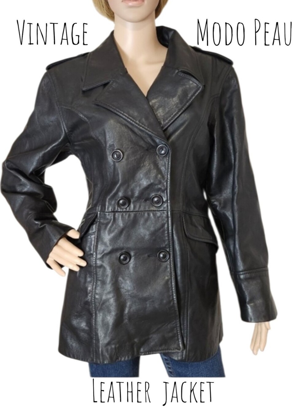 Vintage Modo Peau women's leather coat double breast notch collar black XS S
